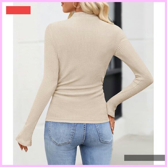 Long Sleeve Mock Neck Ribbed Knit Slim Fit Top Basic Tee - Picture 3 of 4